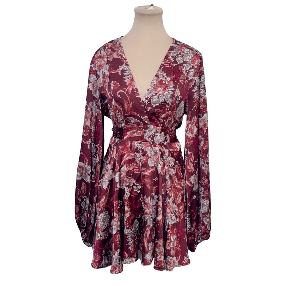 Aakaa Women Floral Cottagecore Romper Size M Burgundy Balloon Sleeve Boho Whimsy